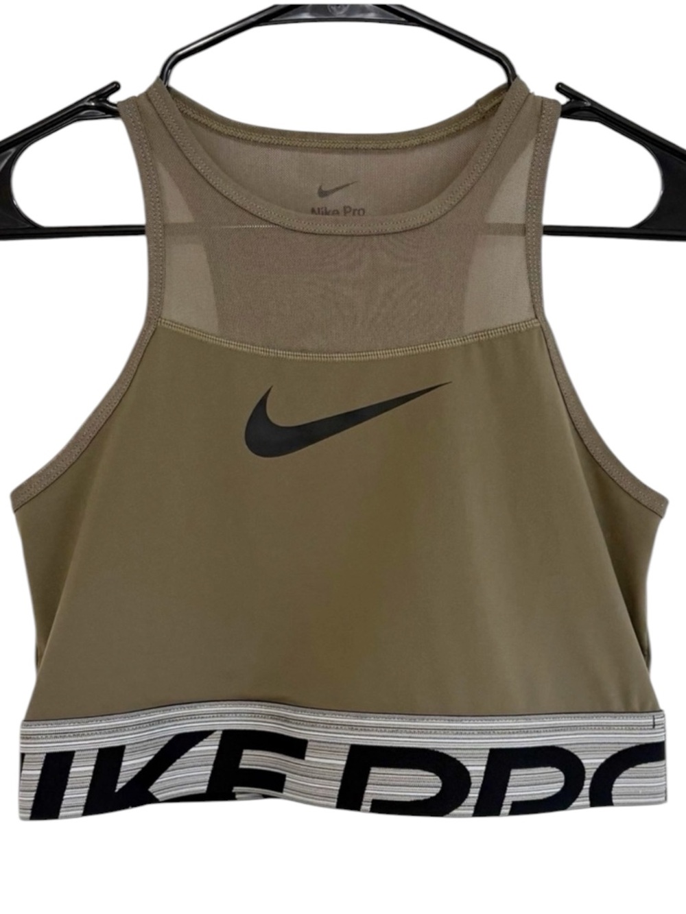NIKE PRO Dri Fit Sports Bra Tank Medium Olive Green Cropped Mesh Athletic